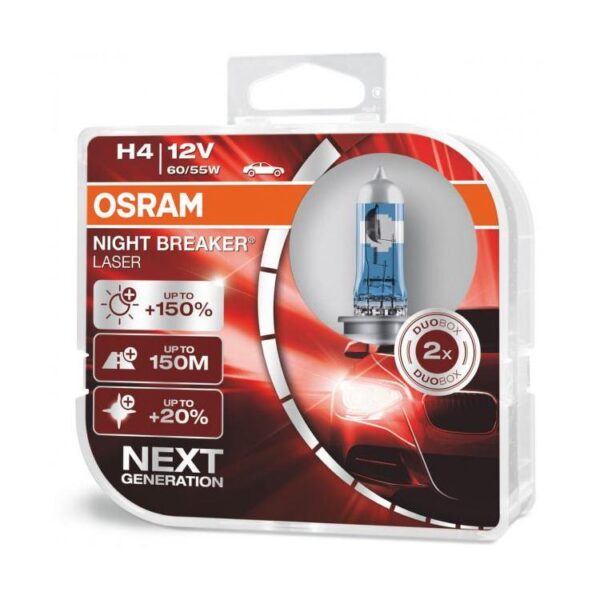 Osram Night Breaker Laser H4 (3Pin) Up To +150% More Brighter Twin Pack