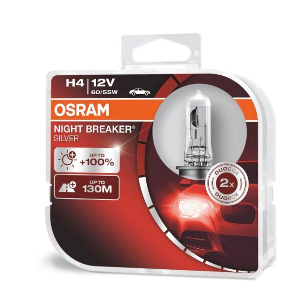 Osram Night Breaker Silver H4 (3Pin) Up To +100% More Brighter Twin Pack